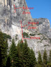 Photo showing release point and impact zone from 10/11/2010 El Capitan rock fall